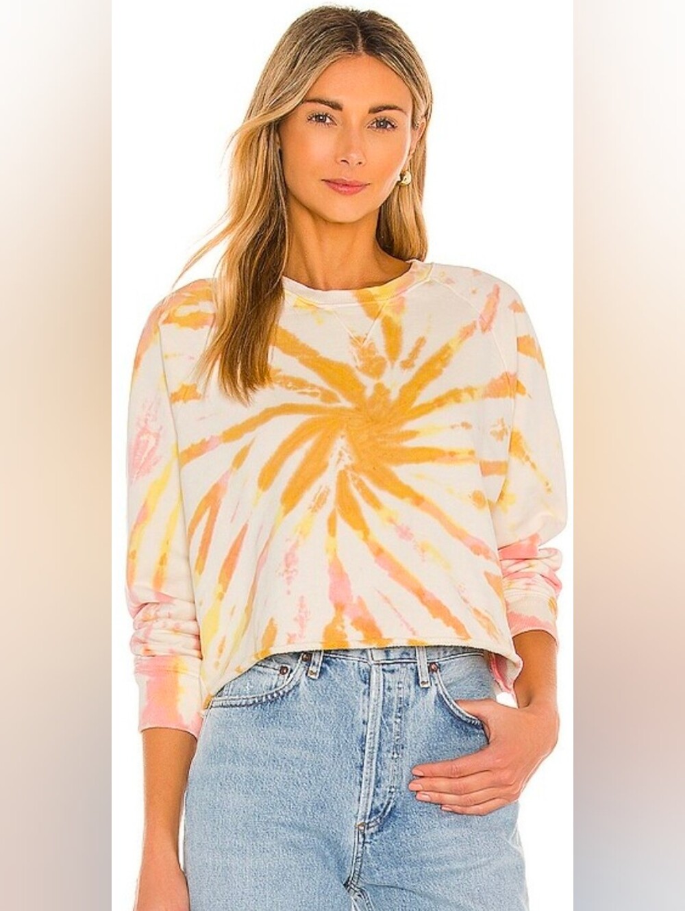 MOTHER The Loafer Crop Fray Tie Dye Sweatshirt Coral Lemon Sm MSRP $148